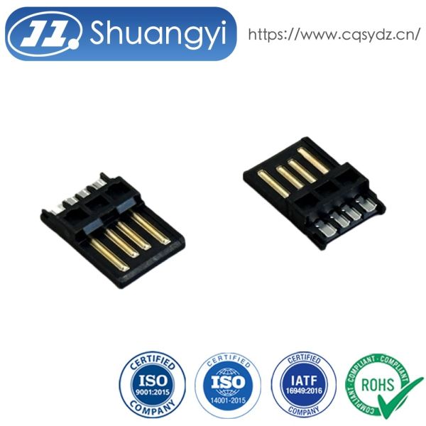 USB 2.0 AM Male Solder Connector with Wide Solder Cup | Black Gold-Plated 15U”