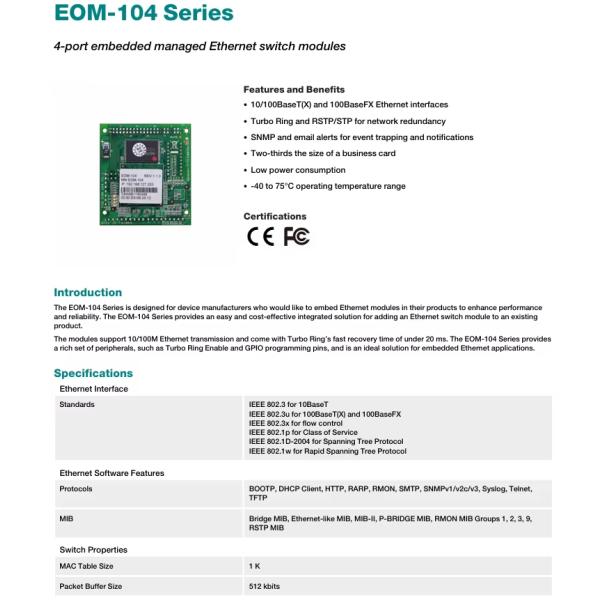 4-port embedded managed Ethernet switch modules Moxa EOM-104 Module Series