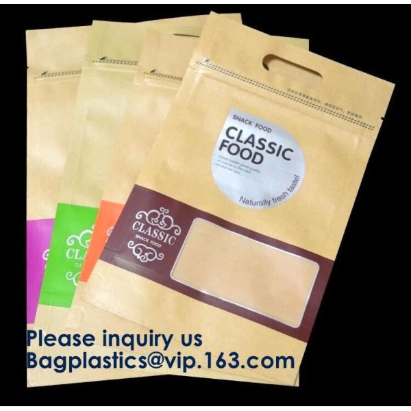 Natural Kraft Paper Flat Bottom Standup Pouch / Food Packaging Bags With Window,Foil Lined Standup Kraft Paper Envelopes