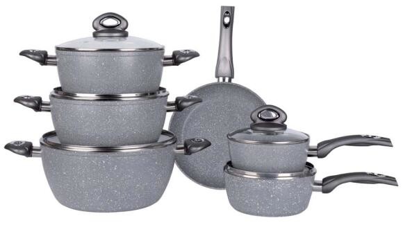 Quality 11PCS Amazon hot selling soft handle aluminum grey marbel coating cookware set wholesale