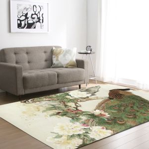 Customized Peacock Area Rug Under Couch Polyester Carpet For Living Room
