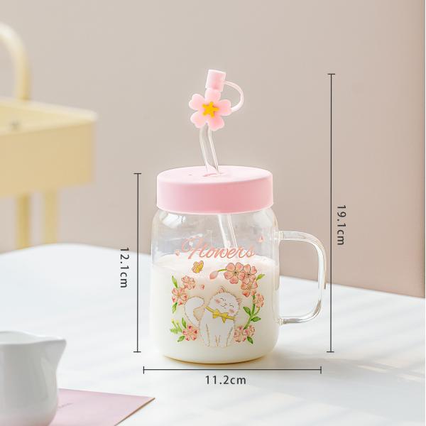 Quality Relief Transparent Cat High-temperature Glass Cup Cute Large-capacity Covered Straw Student Girls' Milk Breakfast Cup Office wholesale