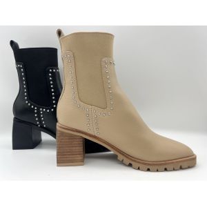 Tan soft cow  leather Womens Dress ankle Boots with shaft studs in metal，square abs heel，TPR outsole with pusable latex