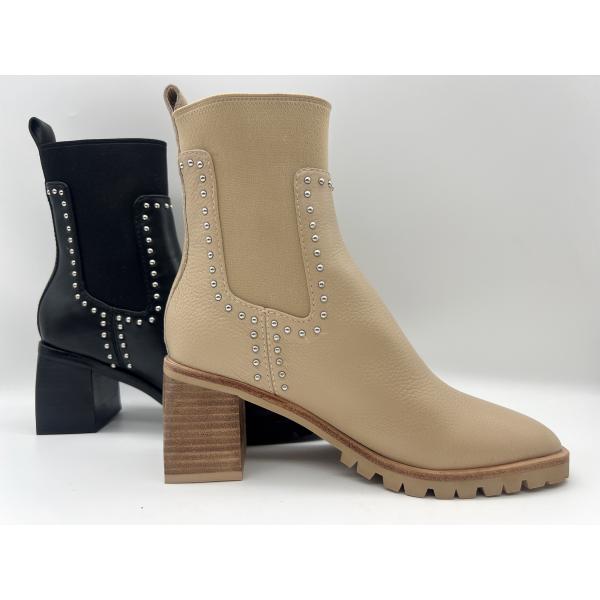 Quality Tan soft cow  leather Womens Dress ankle Boots with shaft studs in metal，square abs heel，TPR outsole with pusable latex wholesale