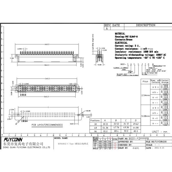 Solderless Male DIN41612 Connector 3 Rows 96pin Press Pin PCB Type