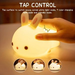 Soft Silicone Rabbit Kids Nursery Bedside Nightlight Lamp Gifts Touch Sense RGB