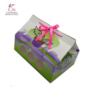CMYK Printing 200mm Height Folded Cupcake Paper Box With Ribbon