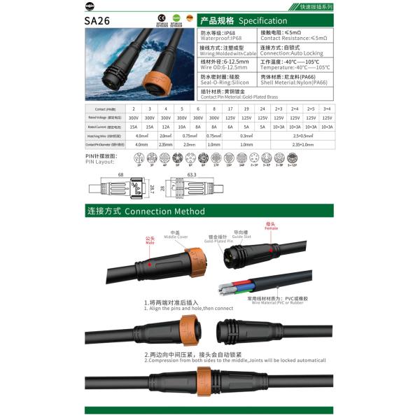 Brass Contact M26 12 Pin Waterproof Circular Connector