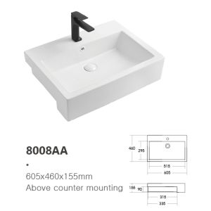 Rectangle Ceramic Above Counter Semi-insert Washbasin With Overflow Hole
