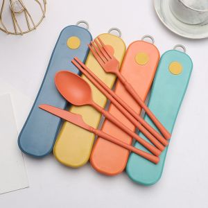 Lightweight Portable Sustainable Blue 4-PC Rotary Box Flatware Set Biodegradable