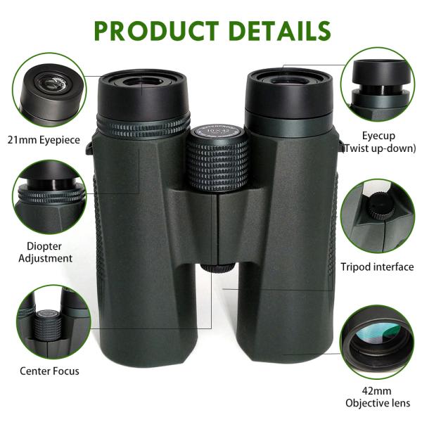 ED Glass 10x42 Roof Prism Bird Watching Binoculars IPX7 Waterproof Nitrogen