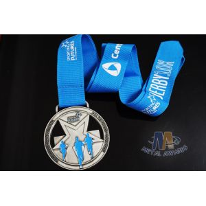 2D Silver Design Running Race Medals , Custom Insert Medals With Blue Enamel