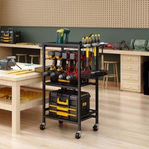 Garage Tool Shelf Drill Holders Power Tool Organizer with Wheels and 8 Drill