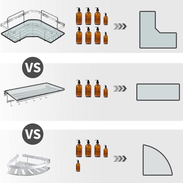 L-shaped Design No drilling Stainless Steel Strong adhesive Shower Organizer Shelf with 8 hooks