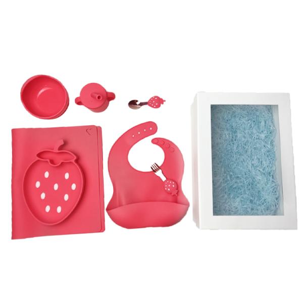 Customized Strawberry Shape Silicone Sippy Cup Baby Feeding Set