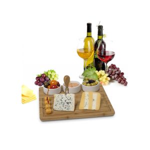 Unbreakable Bamboo Cheese Serving Tray , Bamboo Cheese Platter Board With 3 Bowl