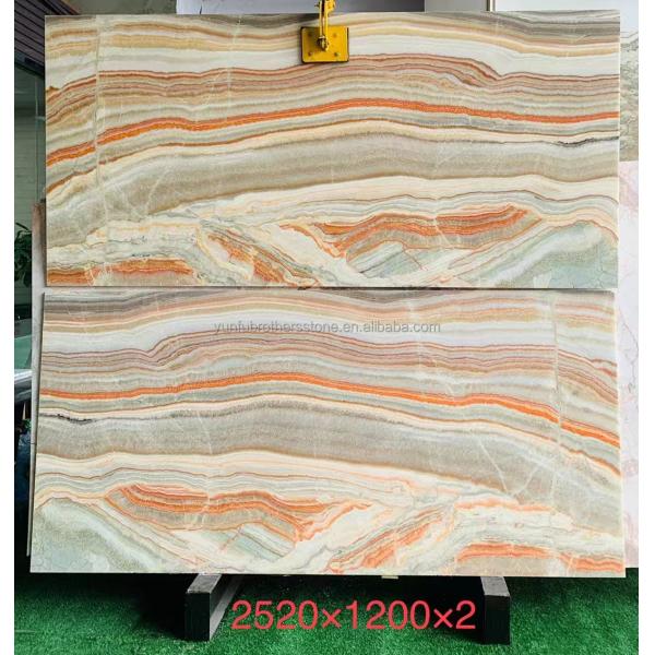 Hotel Table Furniture Design with Natural Stone Bookmatched Rainbow Onyx Marble Slab
