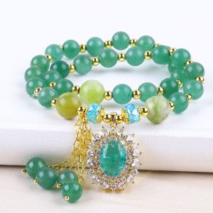 Oval Shape Green Aventurine Stone Bead Bracelet Double Layer