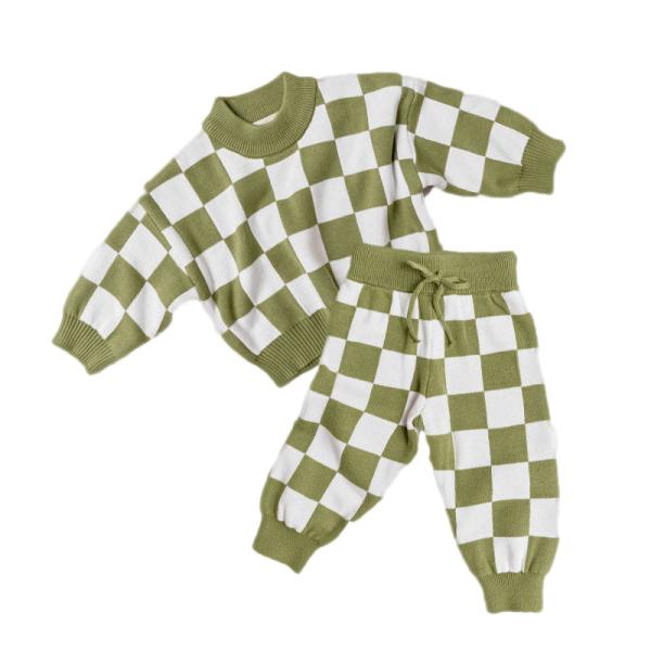 2PCS Customized Checkerboard Sweater Set 100% Cotton Knit Wear For Little Girls