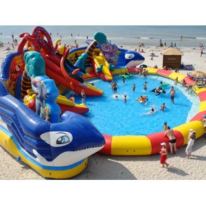 Cheap customized giant octopus water park,dolohin animal inflatable water park with big pool toys for sale