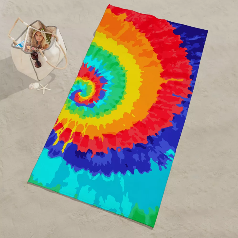 Colorful tie-dye beach towel made with quick-dry microfiber and sand-free smooth