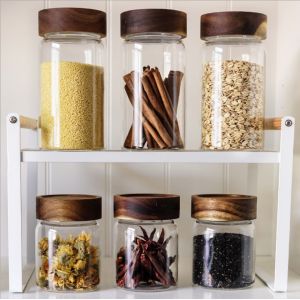 0.4L 0.5L Clear Glass Kitchen Canisters With Wooden Lids Engraving LOGO