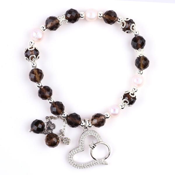 Quality Natural Smoky Quartz And White Pearl Reiki Healing Elastic Heart Charm Stretch Bracelet wholesale