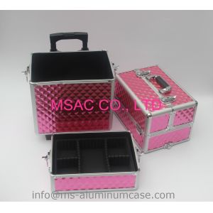 Three Layers Aluminum Makeup Trolley Case With Pink Color