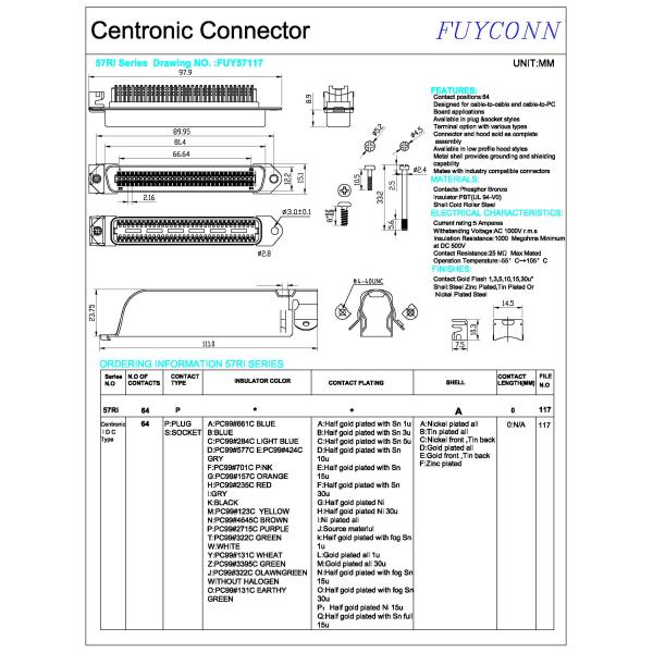 Amphenol 2.16mm Pitch 64 Pin Male Centronic IDC connector with Side Entry metal cover