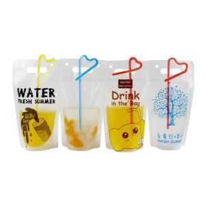Cheap Clear Drink Pouch Heavy Duty Hand-held Reclosable Zipper Heat-proof Plastic Stand Up Juice Pouch With Straws for sale