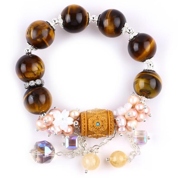 Natural 14MM Gorgeous Tiger Eye And Flower Fresh Water Pearl With Dangle Chain