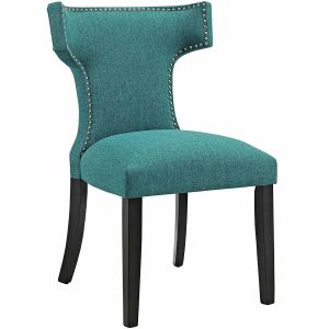 China Mid Century Modern Cloth Covered Dining Chairs Upholstered Fabric With Nailhead Trim Teal on sale