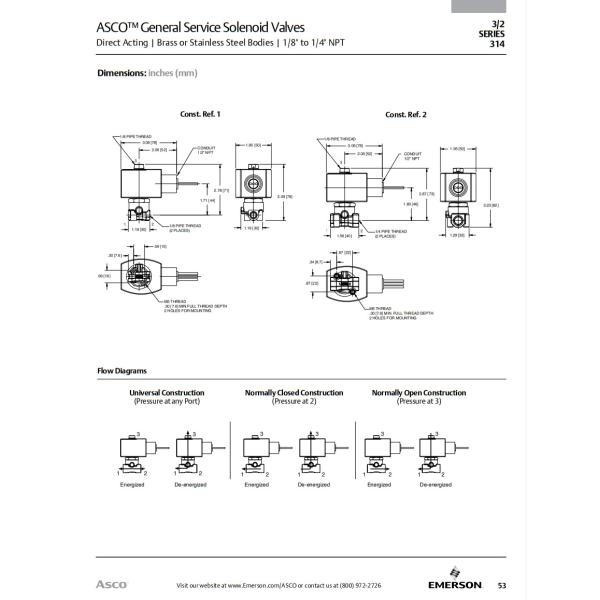 ASCO Series 314 3/2 Solenoid Valve Direct Acting Universal 1/8" 1/4" NPT Steel Brass Body