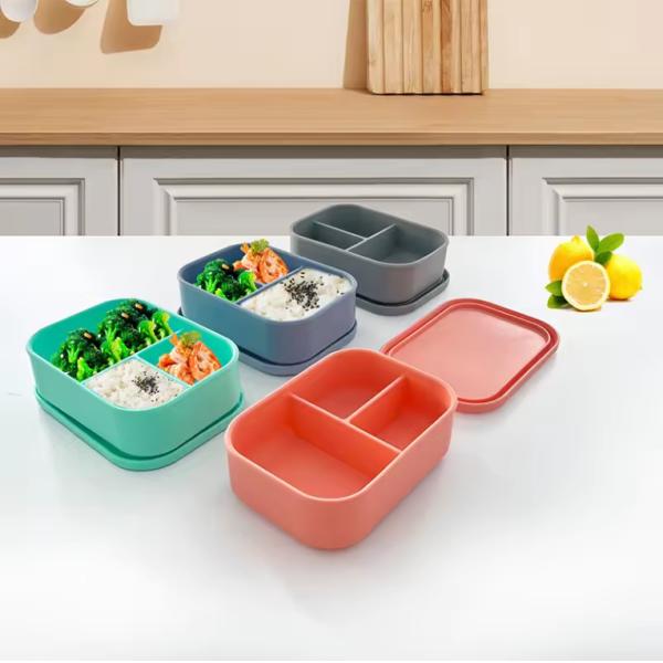 Food Container and Kitchen Storage 3 Compartment Silicone Bento Lunch Box for Kids