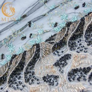 Gorgeous Beaded Lace Fabric Sequin Polyester Nylon Mesh Fabric For Evening Dress