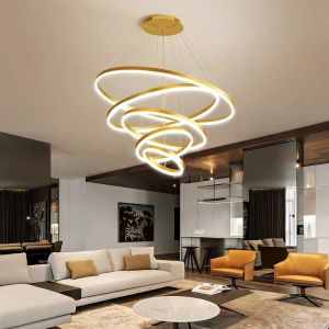 Modern LED Pendant Lamp Dining Room Round Pendant Light 4 Rings Adjustable
