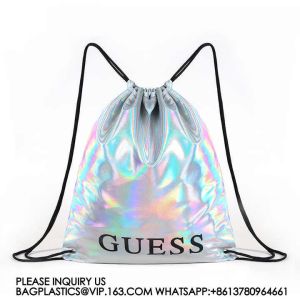 Metallic Backpack, Soft Iridescent PU Drawstring Backpack Silver PU Drawstring