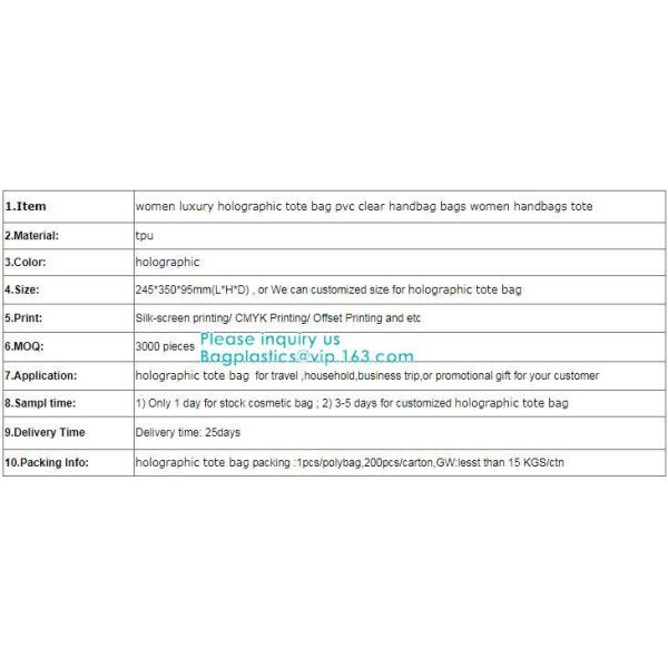 Neon Rainbow Hologram PVC Tote Bag custom holographic handbag PVC handle beach bag,Cosmetic Makeup Travel Pouch,Zipper