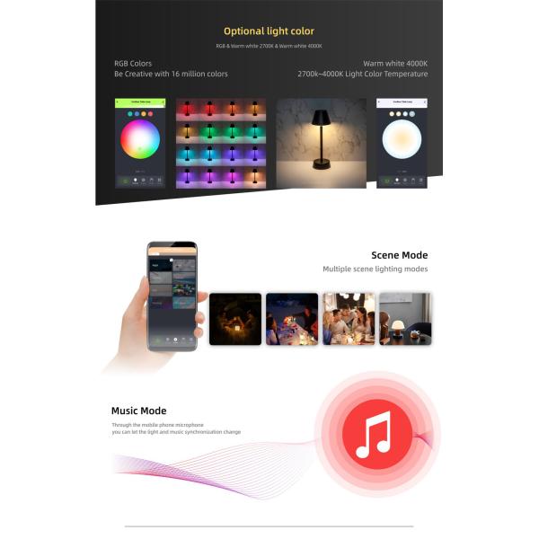 Megapower Phone Control Table Lamp Portable Color Changing RGB & Dimmable Warm White Night Light for Bedrooms