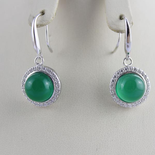 Sterling Silver 9mm Round Green Jade Cubic Zirconia Dangle Earrings( PSJ025E)