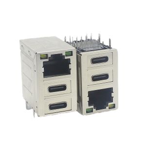 Dual Type C Stacked USB Connectors Combo PCB Shielded RJ45 Female Socket LAN