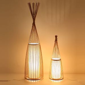 Natural Bamboo Standing Floor Lamp Cottage Wood Bamboo Shade Fabric Shade Floor