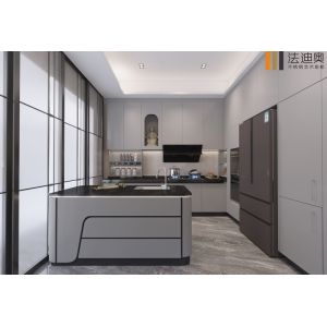 China Fadior Muted Gray Stainless Steel Kitchen Cabinet With Galaxy Island on sale