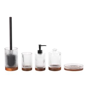 China 5pcs Glass Bathroom Accessories Set Clear With Wood Base Round Shape Ribbed Vertical Stripe on sale