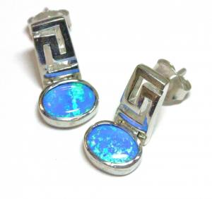 Cheap 925 Greek Key Round Dangle Blue Lab Created Opal Earrings 3.9 Grams Estate Vintage For Girls for sale