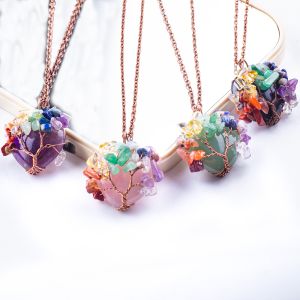 Rose Quartz Heart Shape Crystal Tree Chakra Gem Necklace