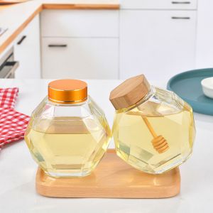 H11.7cm Diamond Shape Honey Jar 500ml Amber Glass Jar Wooden Lid