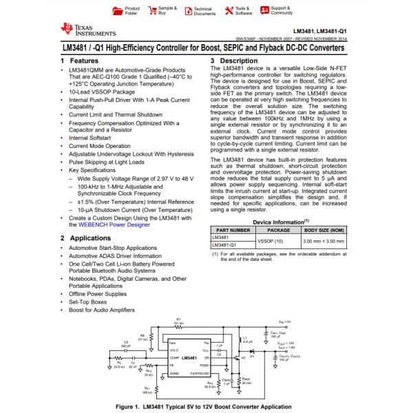 LM3481MMX / NOPB SEPIC Regulator Positive Output Controller IC 10-VSSOP