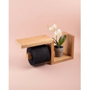 Wooden Toilet Paper Holder with Wall Shelf for WC Roll Easy Storage Natural Wood