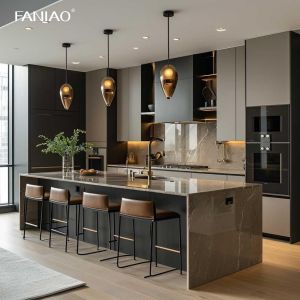 Cheap Custom Modern Design Glossy Lacquer Grey Kitchen Cabinets Set With Island for sale